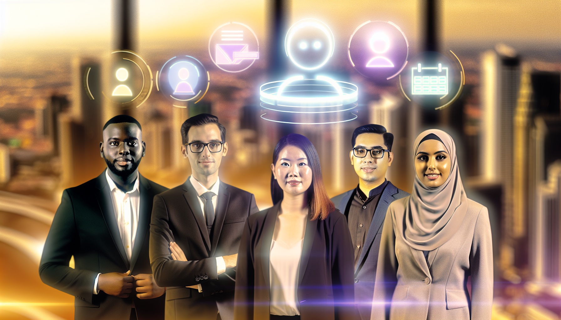 Malaysian business team collaborating with AI assistants in a modern office