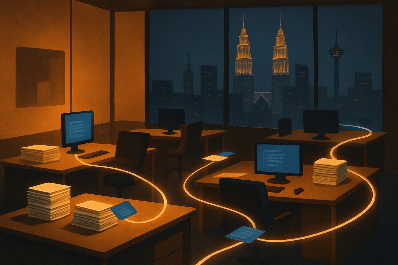 An autonomous night-shift office in Kuala Lumpur where AI agents quietly complete work — illustrating Claude Sonnet 5 agentic automation for Malaysian businesses