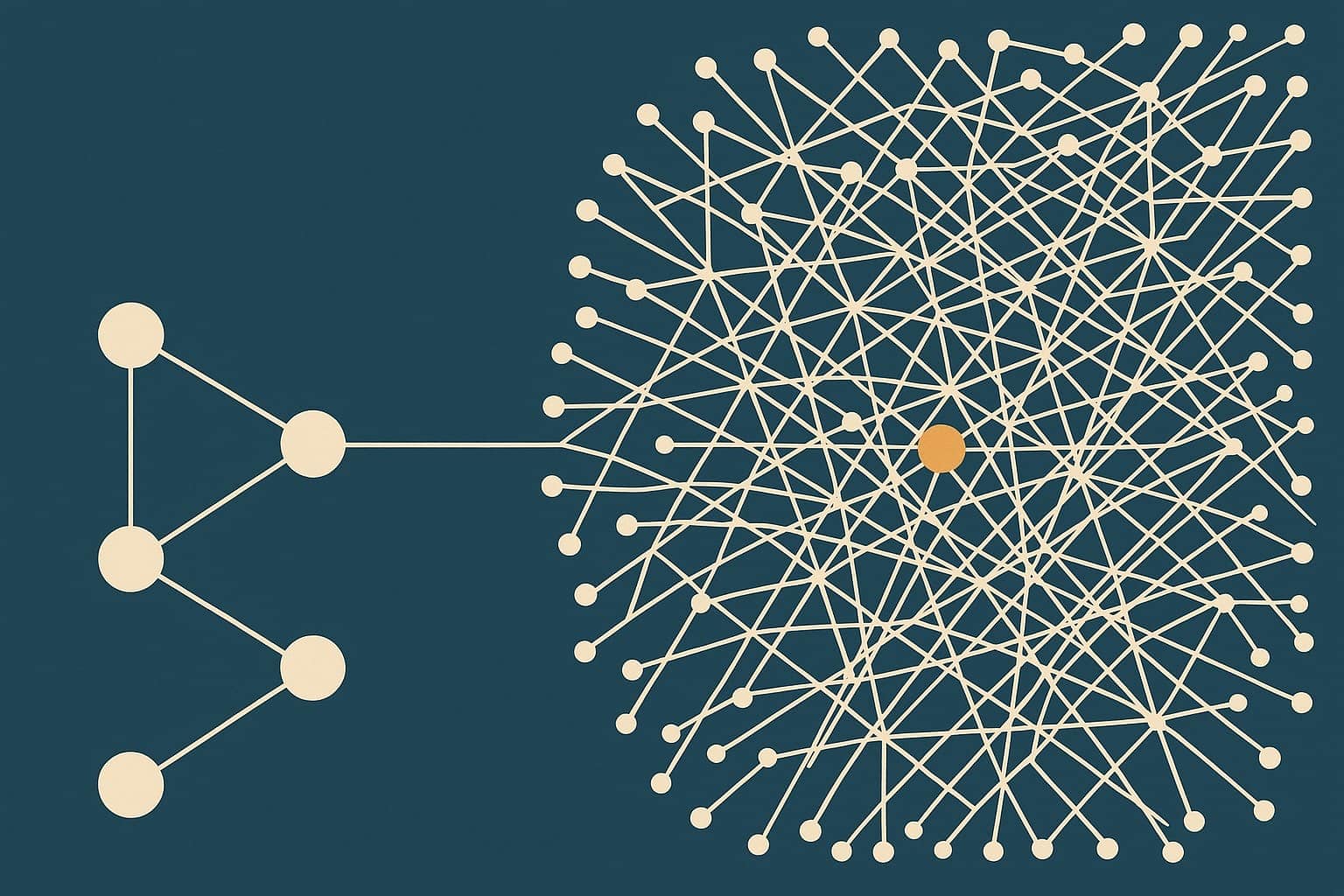 A node-based automation graph growing until it becomes unreadable — the point where n8n workflow complexity outruns maintenance capacity