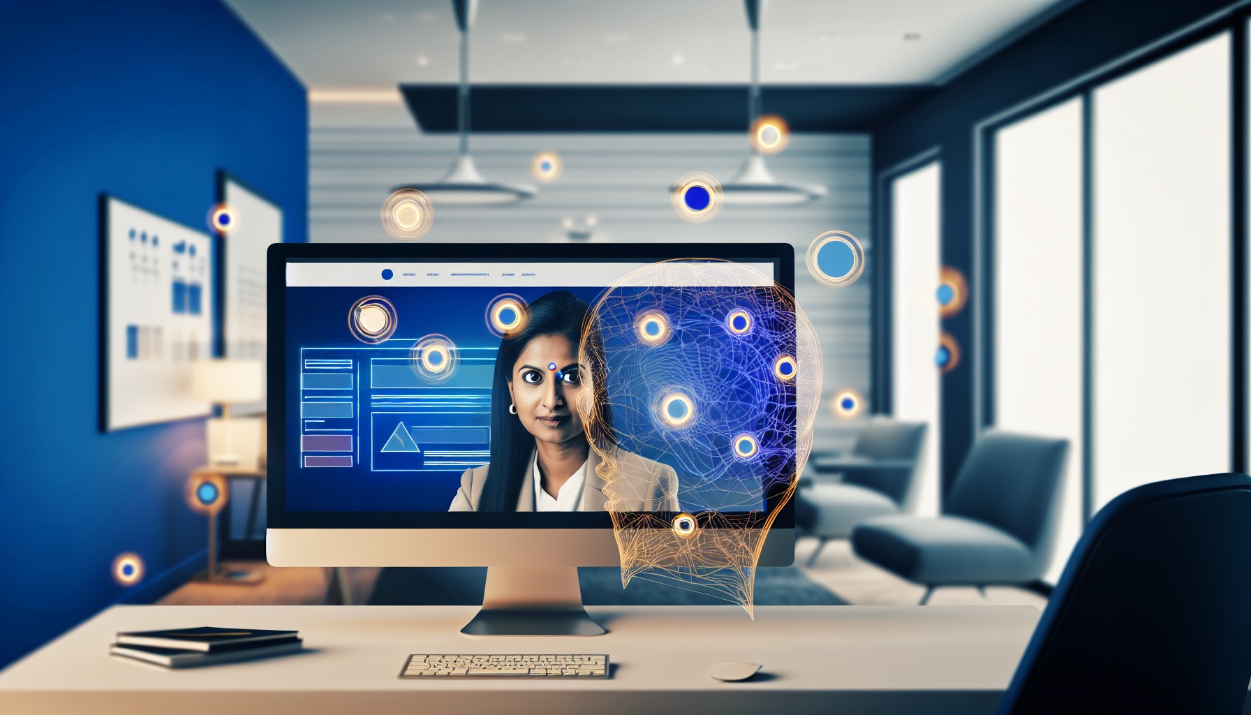 Business owner viewing premium web design powered by AI on large screen