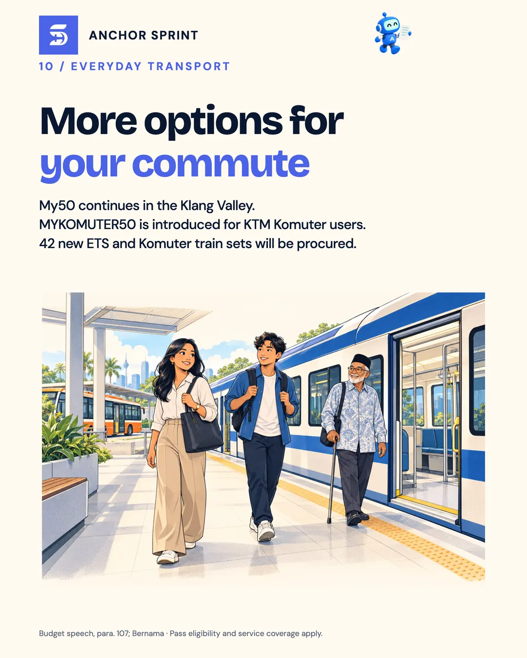 Slide 11: More options for your commute: My50 continues, MYKOMUTER50 for KTM Komuter users and 42 new ETS and Komuter train sets to be procured