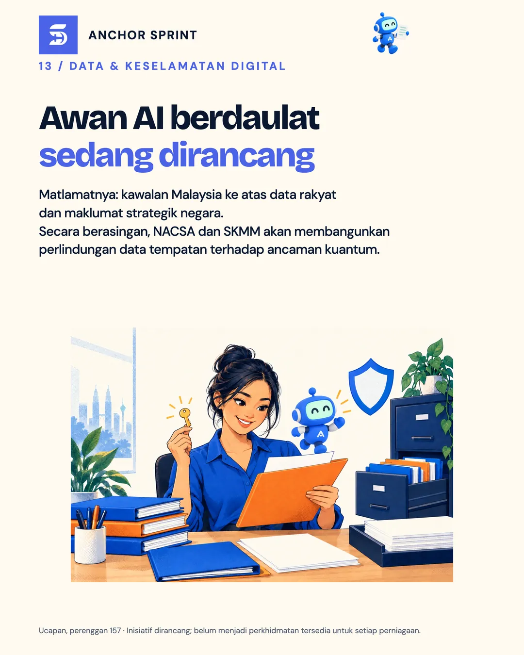 Slaid 14: Awan AI berdaulat sedang dirancang supaya data rakyat dan maklumat strategik negara kekal di bawah kawalan Malaysia; secara berasingan, NACSA dan SKMM akan membangunkan perlindungan data tempatan terhadap ancaman komputer kuantum
