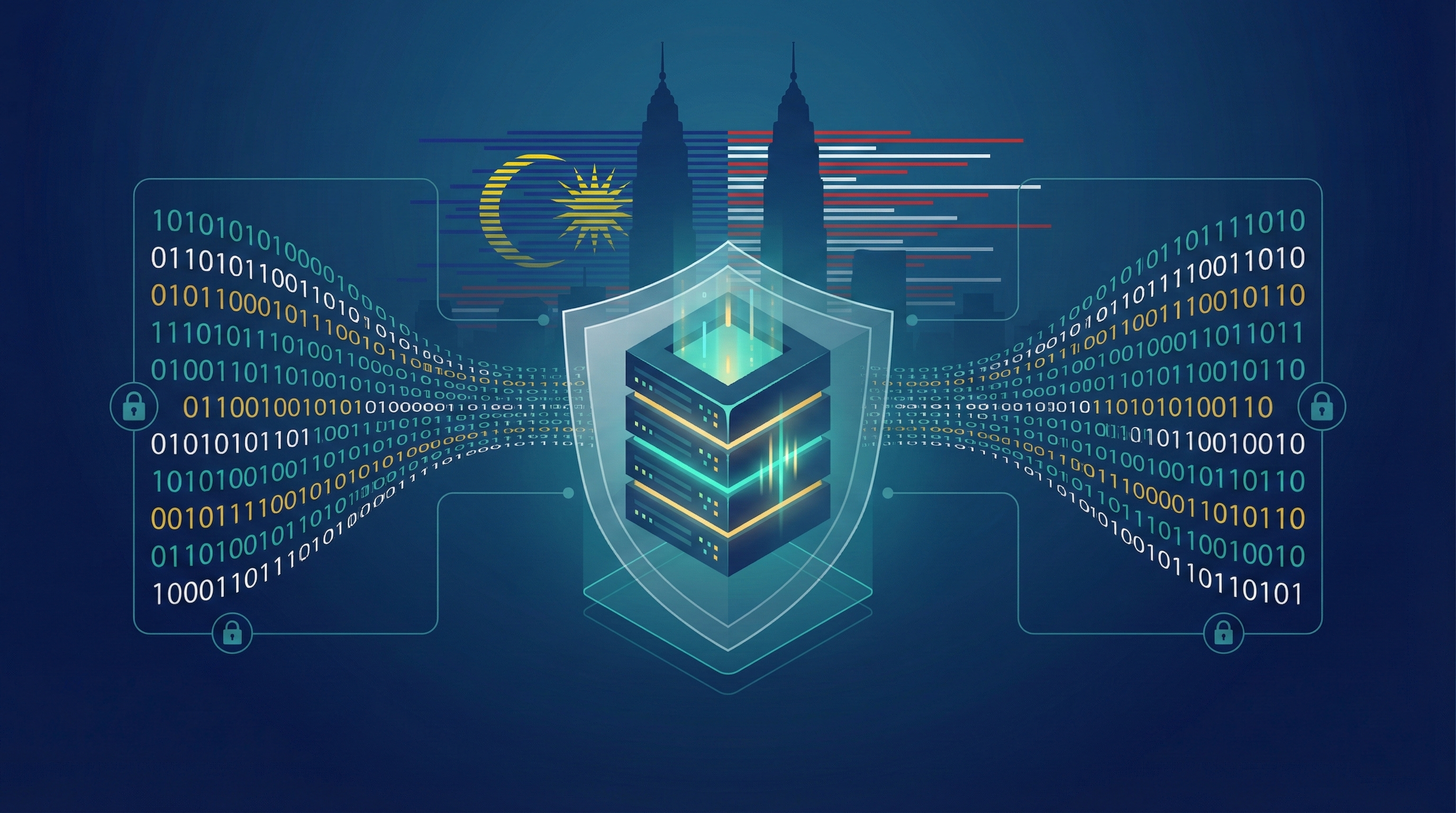 Private LLM infrastructure protecting Malaysian enterprise data with secure on-premises deployment, featuring Petronas Towers and data security shield