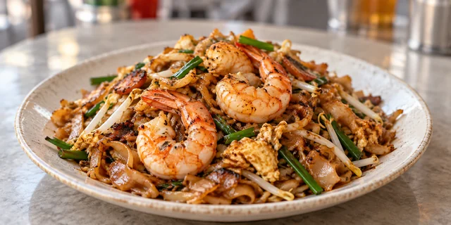 Illustrative plate of Penang-style noodles with prawns.