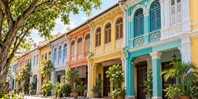 Illustrative colourful heritage shophouses beneath a leafy tree.
