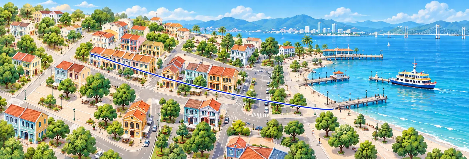 Illustrated Penang heritage streets and waterfront with a blue route; not a navigation map.