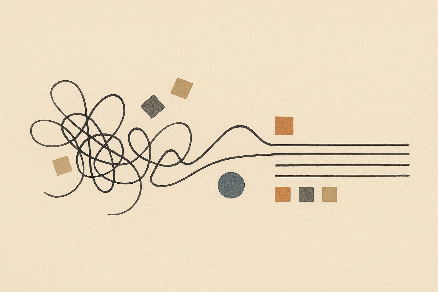Abstract editorial illustration: a tangle of ink lines on the left resolving into calm, ordered parallel lines on the right, with scattered squares becoming an aligned row — Claude Cowork bringing order to scattered work.