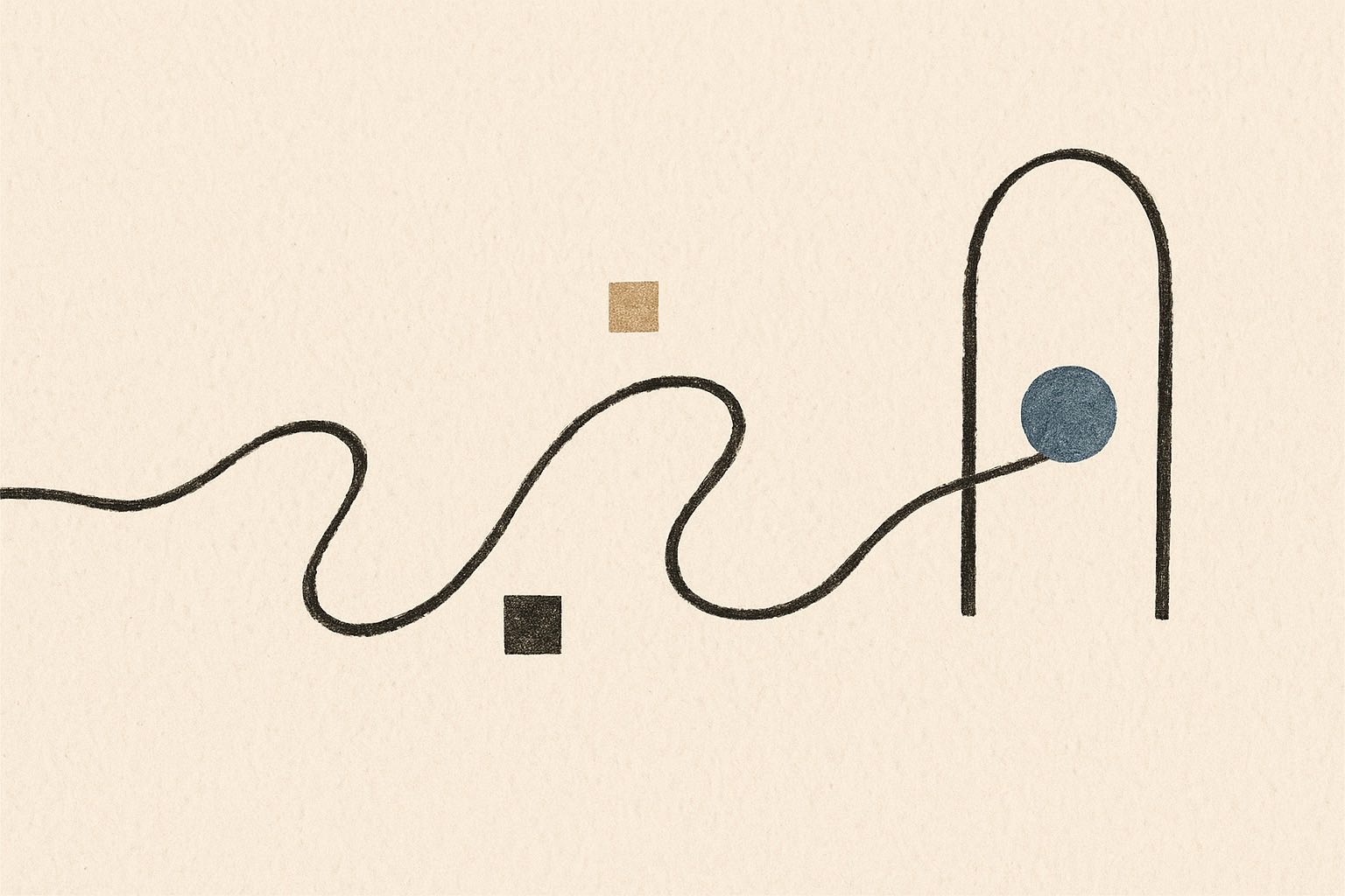 Abstract editorial illustration of a flowing line arriving at an open gateway — accessing Claude in Malaysia.