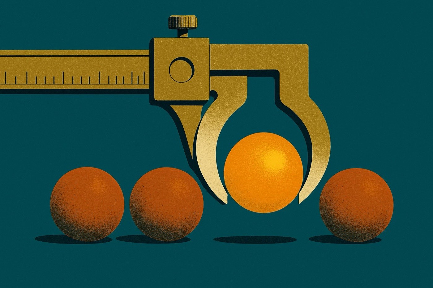 A brass caliper measuring one lit sphere selected from three unlit ones — choosing an AI model by measurement