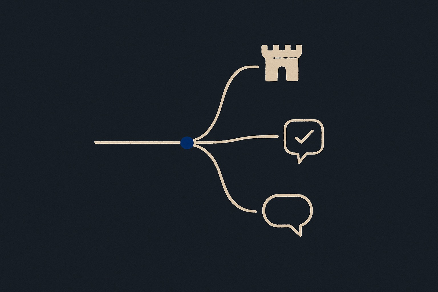 Editorial ink illustration of one path splitting into three AI service paths